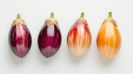 Minimal food photography of four eggplants, smooth texture and vibrant color on whiteの素材