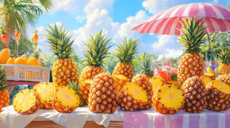 Organic pineapples for sale in an outdoor market, bold textures and bright sunny backgroundの素材