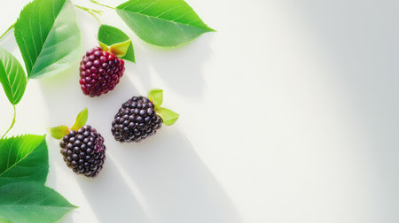 Minimalist style with three fresh blackberries and green leaves, bright white background for clean product shotの素材