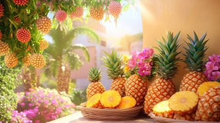 Organic pineapples for sale in an outdoor market, bold textures and bright sunny backgroundの素材
