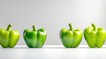 Symmetrical alignment of four bell peppers, bold green color popping against white surfaceの素材