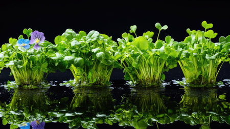 Raw watercress bunches freshly picked, styled on black surface to emphasize texture and colorの素材