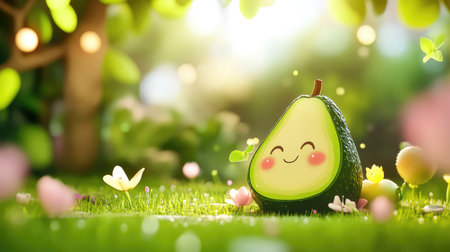 Playful avocado character lounging on grass, bright and friendly food-themed cartoon designの素材