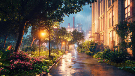 Rain-soaked exterior of an old factory at night, harsh lighting and shadows create a cinematic feelの素材