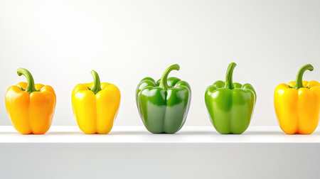Healthy green bell peppers on bright white surface, aligned to highlight freshness and uniformityの素材