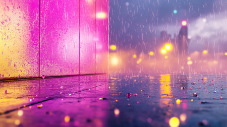 Rain pours down on a shadowy industrial building, reflections from neon lights shimmer on the groundの素材