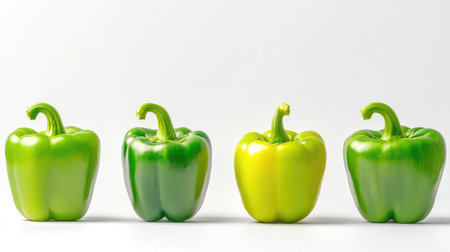 Minimalist composition with four fresh green bell peppers aligned in a row on a clean white backgroundの素材
