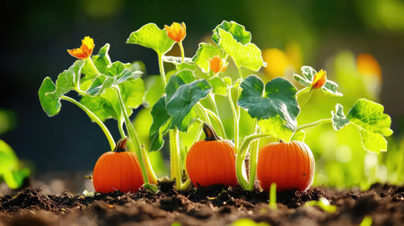 Miniature pumpkins growing in a home garden, early harvest stage with warm natural lightingの素材