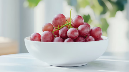 Juicy grapes in a simple white bowl, close-up shot highlights freshness and smooth textureの素材