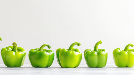 Clean and modern image of green peppers in a row, white background emphasizing natural color and formの素材