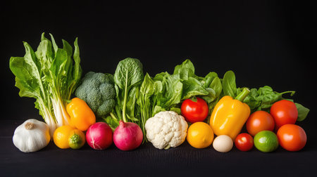 Assorted healthy produce arranged on dark backdrop, ideal for cooking or wellness themesの素材