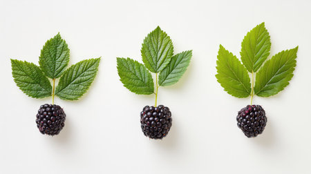 Three ripe blackberries with bright green leaves, isolated on white surface for food photographyの素材
