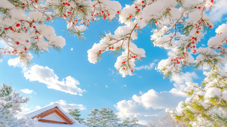 Bright winter scene with fluffy snow resting on pine limbs and blue sky above, showing nature peaceful chillの素材