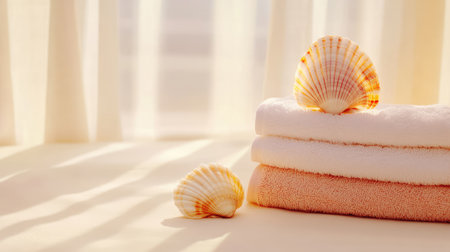 Close view of textured seashell beside stacked towels in beige and light brown hues, perfect for wellness or relaxation themesの素材