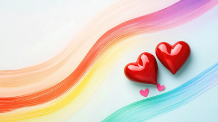 Acrylic rainbow lines curving protectively around two red hearts, styled for love and equality conceptsの素材