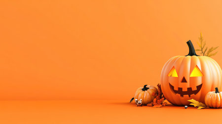 Classic jack-o'-lantern with glowing eyes and smile against a dark orange backdrop, ideal for Halloween themesの素材
