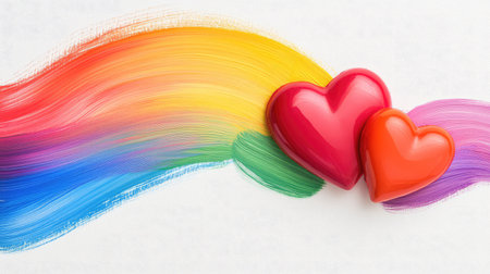 Arched rainbow brushstrokes wrapping two symbolic hearts on clean white, promoting equality and loveの素材