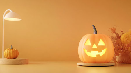 Close-up of smiling carved Halloween pumpkin on rich orange background with space for text, capturing festive spooky vibesの素材