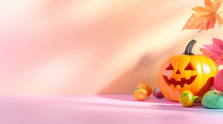 Bright orange Halloween pumpkin close-up with dramatic shadows, set against a vibrant seasonal backgroundの素材
