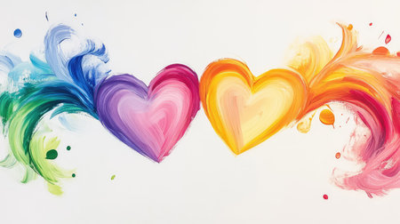 Bold rainbow strokes arch around twin hearts in acrylic paint, set on white to represent pride and unityの素材