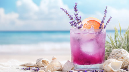 Beachside cocktail scene with violet-toned drink, lavender garnish, and seashell dcor on warm sandy coastの素材