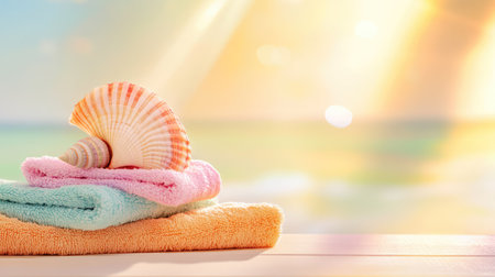 Beach-inspired scene with a seashell lying near cozy towels under soft light, capturing the essence of calm and comfortの素材