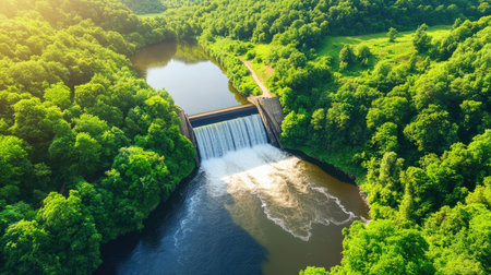 Brown river water rushing over dam spillway surrounded by untouched greenery from a birds-eye viewの素材