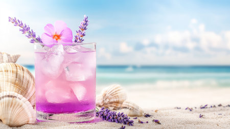 Beachside cocktail scene with violet-toned drink, lavender garnish, and seashell dcor on warm sandy coastの素材