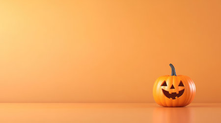 Close-up of smiling carved Halloween pumpkin on rich orange background with space for text, capturing festive spooky vibesの素材