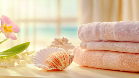 Close-up of a soft brown seashell resting beside neatly folded towels, evoking a calming spa or beachside retreat atmosphereの素材