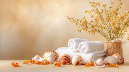 Detailed shell texture with warm brown tones beside fluffy towels, creating a soothing and inviting relaxation setupの素材