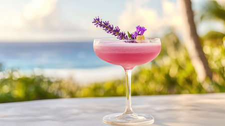 Delicate purple cocktail garnished with lavender flowers, served on a sunlit tropical beachside table with ocean in backgroundの素材