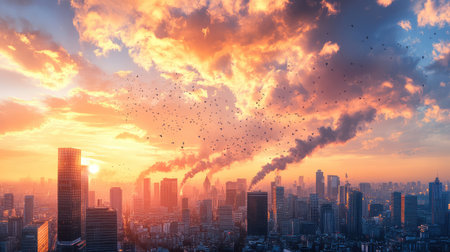 Pollution-filled sky with heavy particles drifting over city buildings, creating a dramatic, somber skylineの素材