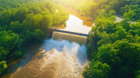 Drone shot capturing intense brown water spill over dam, bordered by thick, wild forestの素材