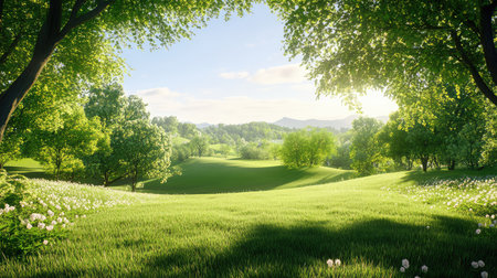 Realistic grass illuminated by daylight, filled with lush green tones and true-to-life texture for nature adsの素材