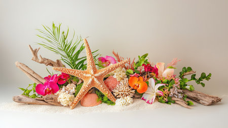 Natural arrangement featuring crowned starfish among beach coral and driftwood pieces on bright sandy shoreの素材