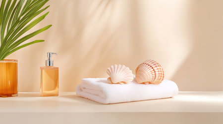 Earth-toned seashell close-up paired with soft towels, offering a sense of coastal calm and minimalist designの素材