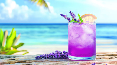 Refreshing purple beverage with lavender notes set on a driftwood table, tropical shoreline in the backgroundの素材