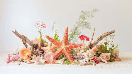 Natural arrangement featuring crowned starfish among beach coral and driftwood pieces on bright sandy shoreの素材