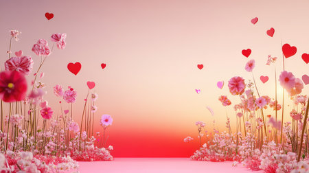 Romantic setting with floating flowers, glowing hearts, and a deep red stage over a smooth beige gradient backdropの素材