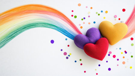 Two hearts nestled within vibrant rainbow arcs on a white background, ideal for LGBTQ themed visualsの素材