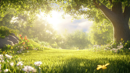 High-detail grassy ground bathed in sunlight, with a clean and vibrant organic look ideal for eco brandingの素材