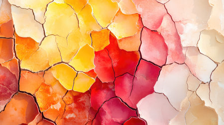 Cracked abstract surface with bold reds, yellows, and browns mimicking dry terrain in autumnの素材