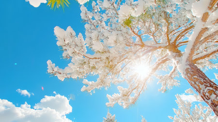 Scenic pine tree blanketed in snow, standing tall under a clear blue sky with sparkling winter atmosphereの素材