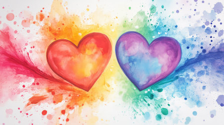 Painted rainbow paths enclosing two hearts, bursting with color against white for a unity and pride messageの素材