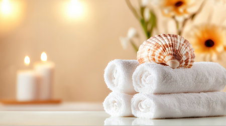 Tranquil composition of a brown seashell leaning against soft towels, creating a peaceful and serene wellness backdropの素材