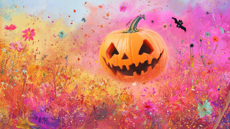 Spooky smile of a carved pumpkin highlighted against a richly colored background, ideal for festive promotionsの素材