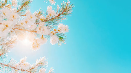 Serene snowy branches of pine tree against a cloudless blue sky, capturing the essence of winter calmの素材