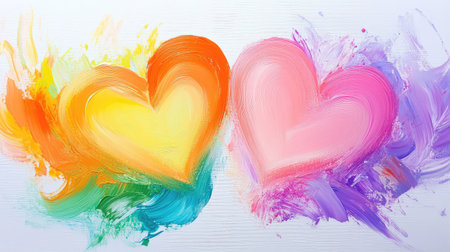 Expressive rainbow brushwork enveloping two hearts, full of color and emotion, painted on a white baseの素材