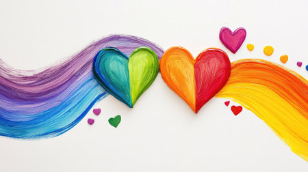 Vibrant acrylic rainbow arcs curve around two hand-painted hearts on a white background, symbolizing love and equalityの素材